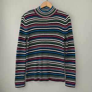 Studio Works Size Medium Ribbed Knit Mock Neck Sweater Striped 90s Y2K